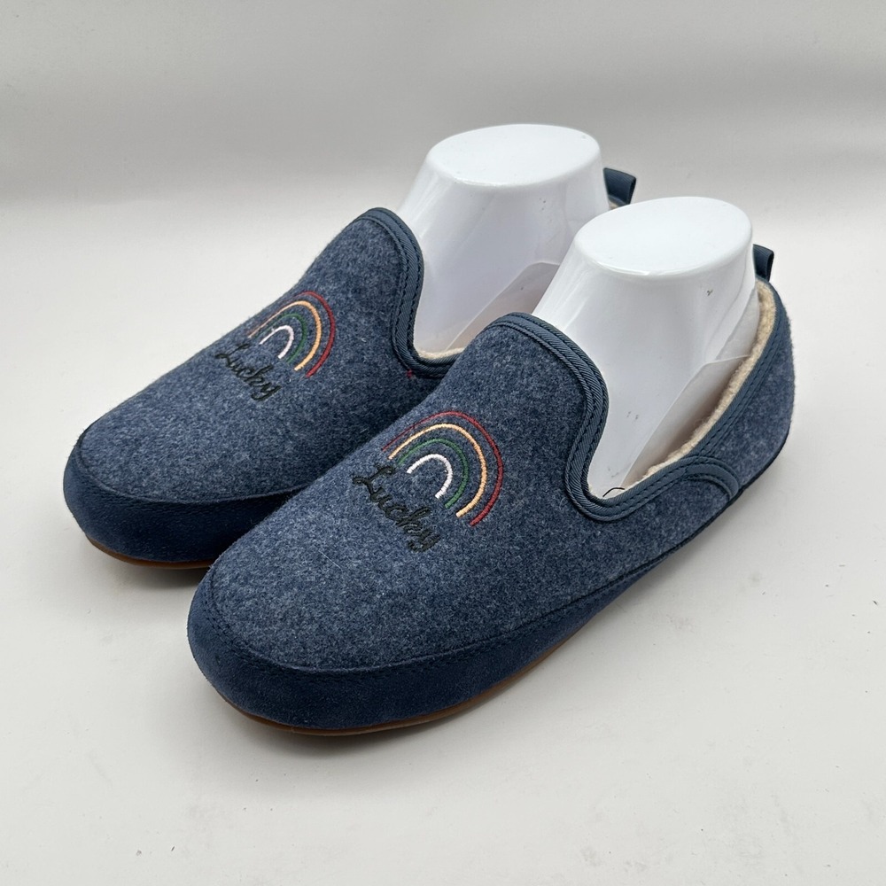 Lucky Brand Kozey 2 Slippers Leather Upper Womens 7.5M/38 Blue Faux Fur Rainbow